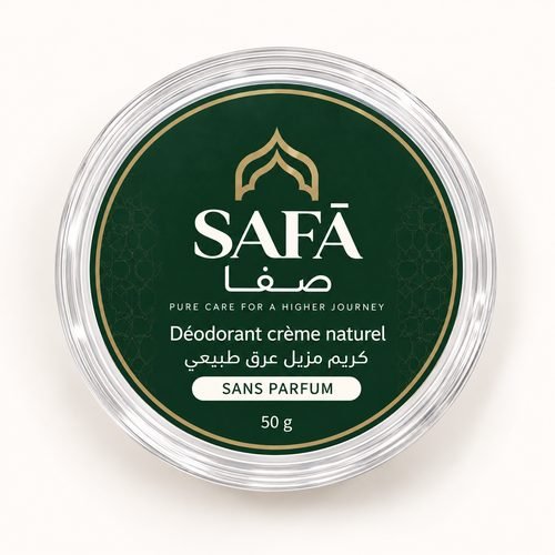 القرص العلوي الأخضر لعبوة SAFĀ مع عبارة SANS PARFUM